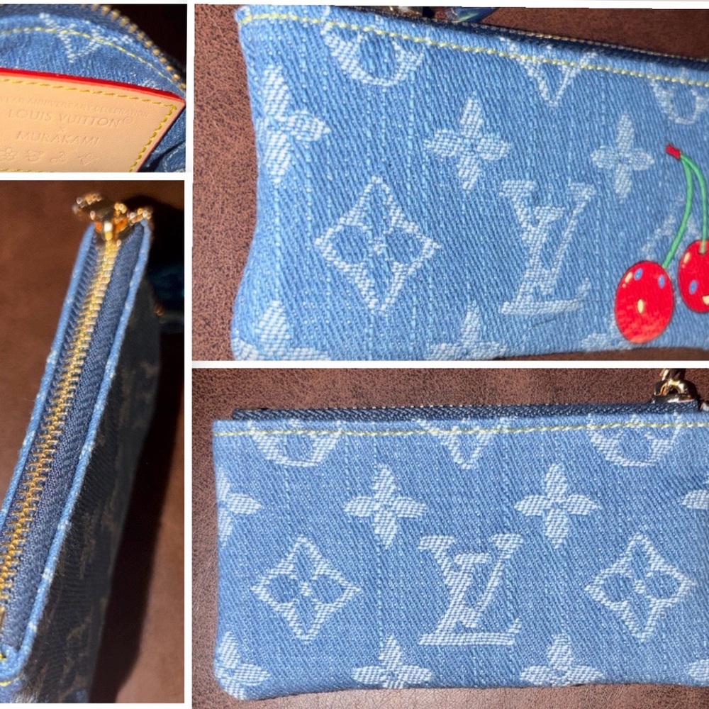 NEW! Denim Monogram Cherry Keychain/pouch bag charm card holder + BOX & Dust Bag